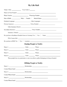 A medical information form titled My Life Raft with fields for personal, insurance, and contact details, medical directives, and lists for onboard and offboard emergency contacts to notify in case of an emergency.