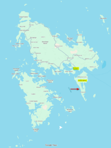 Map showing Ligon Island and Quinawan Daan Ligon Island in yellow, with a red arrow pointing to the southeast island.