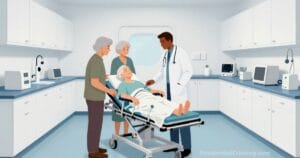 An illustration showing an elderly man in a hospital bed, looking unwell, with a concerned woman standing beside him and a healthcare professional in scrubs gently holding his arm. 