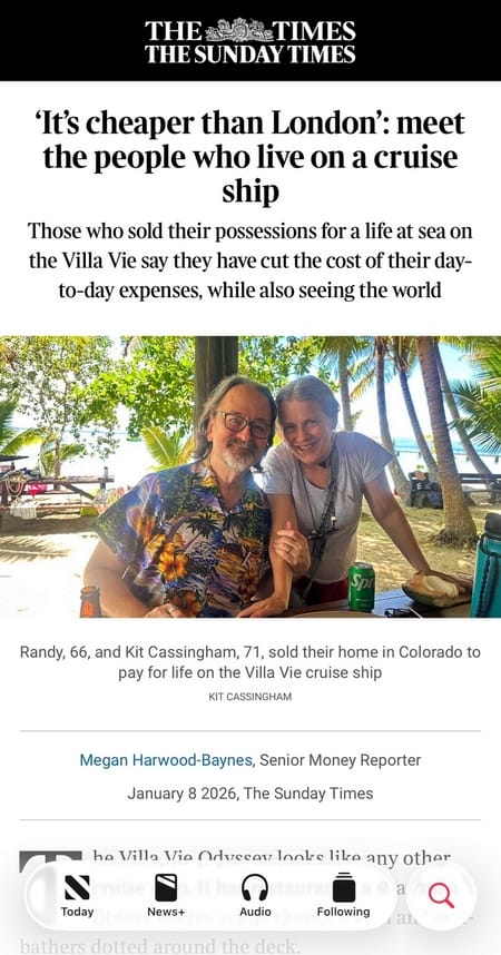 An older man and woman sit smiling at an outdoor restaurant table with drinks, palm trees, and a cruise ship in the background. The headline reads It’s cheaper than London’: meet the people who live on a cruise ship.