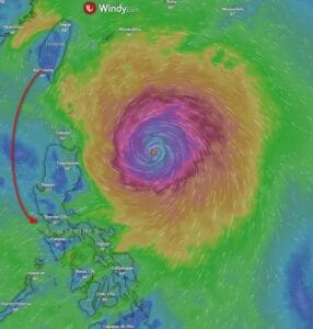 A weather map shows a cyclone approaching Luzon, Philippines from the east. The cyclone's center is marked by tightly packed circular wind patterns, and a red arrow indicates the ship's path between Taiwan and Subic Bay.