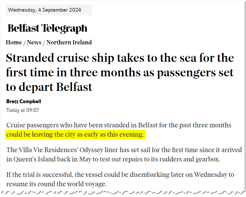 “Cruise passengers who have been stranded in Belfast for the past three months could be leaving the city as early as this evening.”